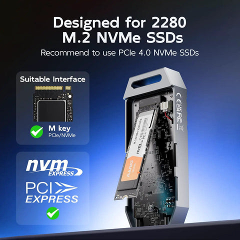 Premium 80Gbps M.2 Nvme Enclosure With Chill Cooling Fan Tool Free Setup For USB C Thunderbolt 4 aluminum case showing internal chip installation.