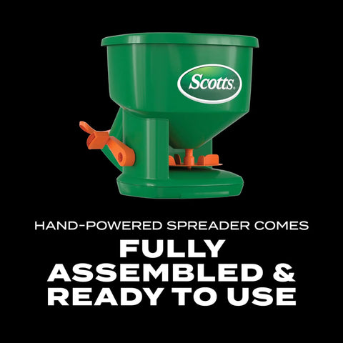 Hand Powered Spreader For Grass Seed And Lawn Fertilizers Salt And Ice Melt, green and orange handheld spreader.