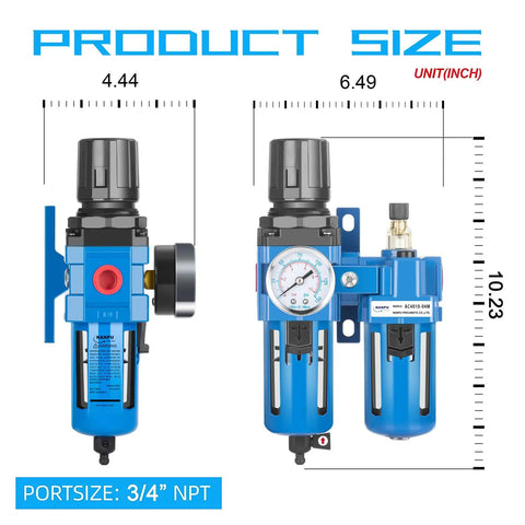 Three Quarters Inch NPT Air Filter Regulator Lubricator Combo With Water and Oil Trap Separator, 0 to 150 Psi Gauge dimensions