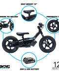 Electric Balance Bike For Kids Ages 3 To 5 With 12eDRIVE, aluminum TIG welded frame, pneumatic tires, and removable battery.