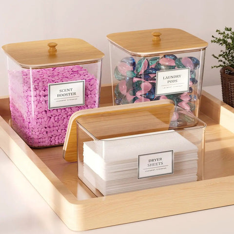 Clear Acrylic Laundry Pods Storage Container Set With Wooden Lids And Scoops, Includes Dryer Sheet Holder And Waterproof Labels, Perfect For Detergent And Scent Boosters, Keeps Your Laundry Room Fresh And No Sweat