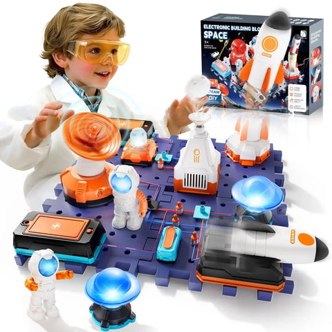 Child playing with Space Science Circuit Kit For Kids, 31 Piece Electronics STEM Set With More Than 100 Projects, Rocket Launcher