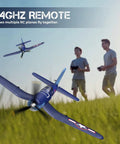 Two Corsair F4U 4 Channel RC Airplanes With XPilot Stabilization flying outdoors; two people using 2.4G controls.