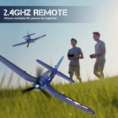 Two Corsair F4U 4 Channel RC Airplanes With XPilot Stabilization flying outdoors; two people using 2.4G controls.