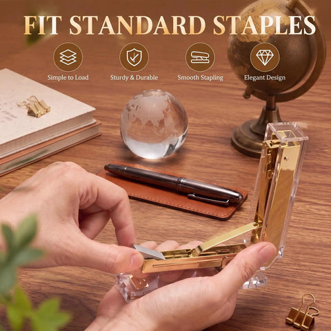 Hands loading the Gold Desk Stapler Set With Acrylic Finish, 20 Sheet Capacity, Includes Staple Remover And 1000 26 By 6 Staples, Dope Sleek And Ultra Compact Office Organizer For Home Office And Workplace