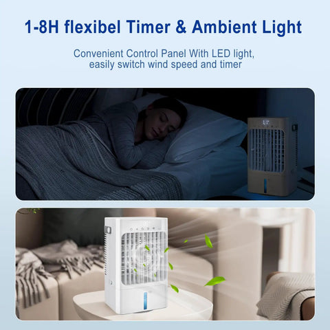 Beat The Heat With This Compact Air Cooler Desk Fan with LED light shown beside a sleeping person and on a modern desk