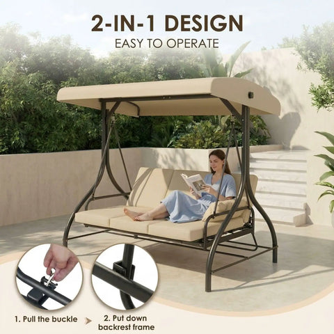 Three Seat Outdoor Patio Swing With Adjustable Canopy And Backrest Convertible Glider Bed On Stand Removable Cushions