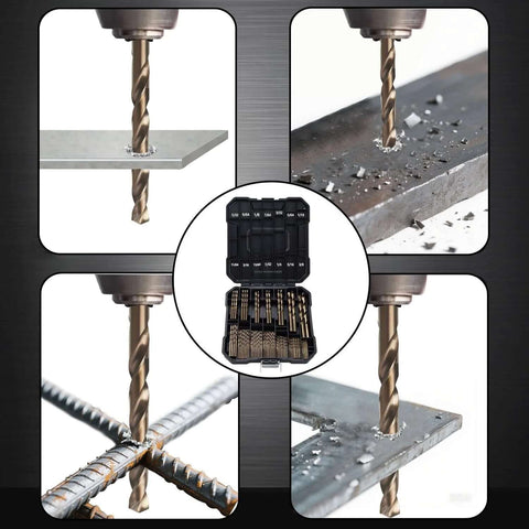 Drill bit set with cobalt M35 HSS bits, 99 pcs, sizes 1/16–3/8 in, in plastic index storage case