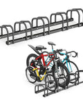 Five Bike Floor Rack For Garage Storage Heavy Duty Bicycle Stand For Indoor Outdoor Use Fits 22 To 28 Inch Wheels and up to 2.1 inch tires.