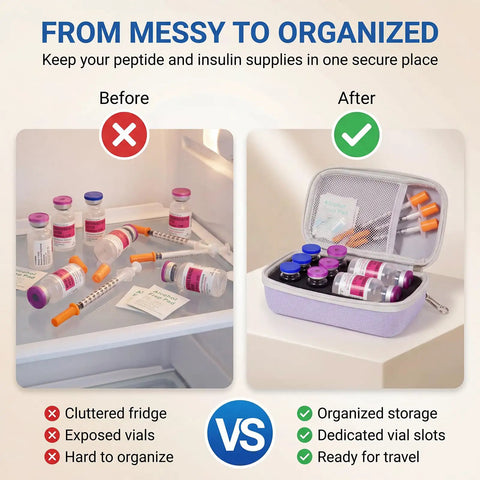 Purple Peptide Case For Fridge And Travel With EVA Vial Organizer showing organized storage vs cluttered fridge
