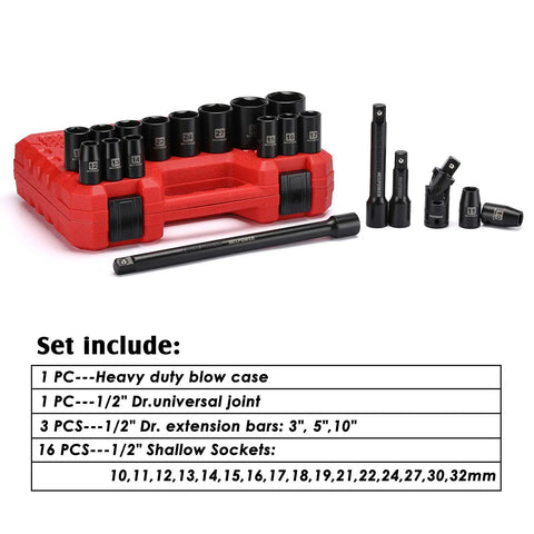 Heavy Duty Metric Shallow Impact Socket Set 10mm To 32mm Six Point Design With Extension Bar And Universal Joints, Red Case