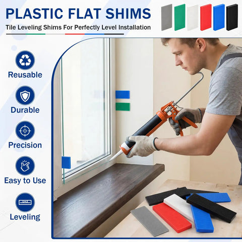 60 Piece Plastic Glazing Blocks And Flat Shims Three Sixteenths To Fifteen Sixteenths Inch in use for leveling window installation.