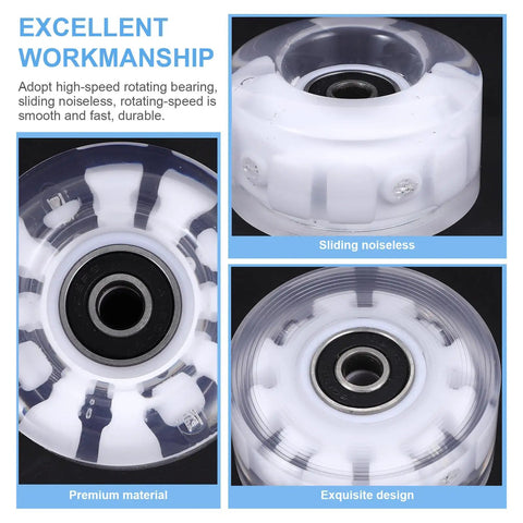 Close-up of 4 Piece Luminous PU Roller Skate Wheels Set With LED Light For Outdoor Quad Skates, showcasing premium material and noiseless design.