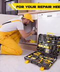 Man using 155 Piece Household Hand Tool Set With Toolbox Chrome Vanadium Construction Portable Grab And Go Home Repair Kit.