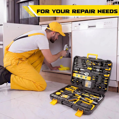 Man using 155 Piece Household Hand Tool Set With Toolbox Chrome Vanadium Construction Portable Grab And Go Home Repair Kit.