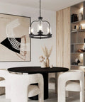 Farmhouse Rustic Chandelier With Glass Shades, 3 Lights, above modern round dining table in cozy room.