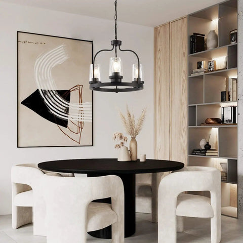Farmhouse Rustic Chandelier With Glass Shades, 3 Lights, above modern round dining table in cozy room.