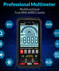 Smart Auto Ranging Digital Multimeter TRMS 6000 Counts Handy Electrical Tester showing functions on backlit display.
