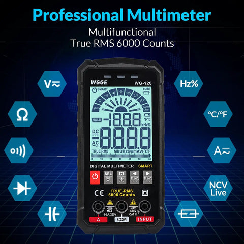 Smart Auto Ranging Digital Multimeter TRMS 6000 Counts Handy Electrical Tester showing functions on backlit display.
