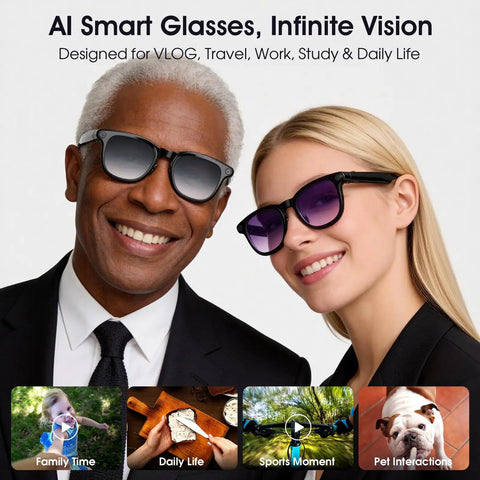 Two people wearing 4K Video Glasses With 8MP Camera For Vlog Travel And Work On The Go Open Ear Audio Real Time Translation capabilities.