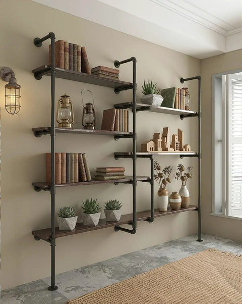 Industrial wall shelves using the Twenty Pack Three Quarter Inch Malleable Cast Iron Pipe Flange Set for a vintage DIY steampunk look