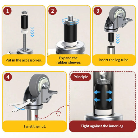Locking Three Inch Expanding Stem Caster Wheels Set Of Four For Adjustable Tables, Carts And Furniture Legs, assembly guide
