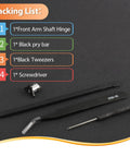 Front Arm Axis Replacement Kit parts for Mini 4 Pro and Mini 3: shaft hinge, black pry bar, tweezers, screwdriver displayed
