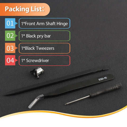 Front Arm Axis Replacement Kit parts for Mini 4 Pro and Mini 3: shaft hinge, black pry bar, tweezers, screwdriver displayed