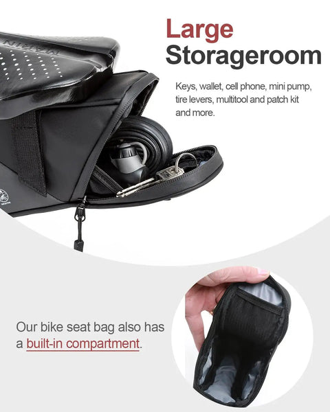 Open view of Water Resistant Under Seat Bike Bag 1L Saddle Pack for Mountain Road and City Commuter Bikes with tools inside