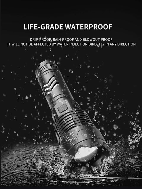 Beast Mode 120,000 Lumens USB Rechargeable LED Flashlight showcased in water demonstrating life-grade waterproof durability