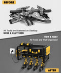 Before and after comparison showing Wall Mount Power Tool Organizer With Six AC Outlets And Charging Station Three Tier Drill Rack For Garage Heavy Duty Tool Storage For Drills And Accessories organizing tools neatly on wall.
