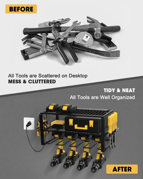 Before and after comparison showing Wall Mount Power Tool Organizer With Six AC Outlets And Charging Station Three Tier Drill Rack For Garage Heavy Duty Tool Storage For Drills And Accessories organizing tools neatly on wall.