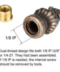 Two Pack Antique Brass Lamp Finial Caps For Lamp Shade Small One And Three Eighths Inches Dual Thread Fits One Eighth Inch IP Or One Quarter Twenty Seven Harp Thread Easy Install Retro Vibe showing threaded design up close