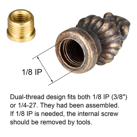 Two Pack Antique Brass Lamp Finial Caps For Lamp Shade Small One And Three Eighths Inches Dual Thread Fits One Eighth Inch IP Or One Quarter Twenty Seven Harp Thread Easy Install Retro Vibe showing threaded design up close