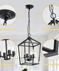 Four Light Black Farmhouse Pendant Lantern Cage Hanging Light Fixture Industrial Rustic Geometric Kitchen Island Lighting details
