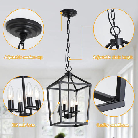 Four Light Black Farmhouse Pendant Lantern Cage Hanging Light Fixture Industrial Rustic Geometric Kitchen Island Lighting details