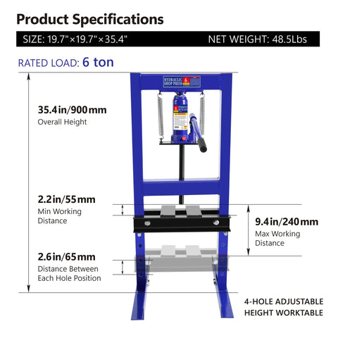 Heavy Duty 6 Ton Hydraulic Shop Press With Adjustable Height Benchtop H-Frame And Press Plates, Pressure Gauge shown