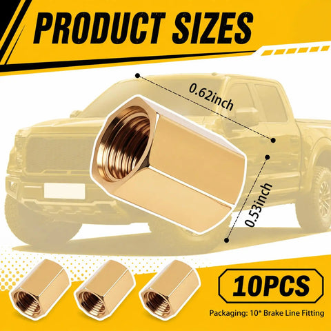 Rust-Resistant 3/16 Brake Line Fittings With 3/8-24 Precision Thread, Universal Double Flared Brake Line Adapter Kit For Automotive And Truck Repair, Inverted Flare Compatible, Secure Tight Connections, brass 10-piece union kit with 0.62-inch and 0.53-inch dimensions