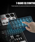 Hand adjusting EQ on Four Channel Audio Mixer With Dual Microphones, Pro 99DSP Sound Console For DJs, 7 Band EQ, USB, Bluetooth, 48V Phantom Power