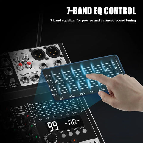 Hand adjusting EQ on Four Channel Audio Mixer With Dual Microphones, Pro 99DSP Sound Console For DJs, 7 Band EQ, USB, Bluetooth, 48V Phantom Power