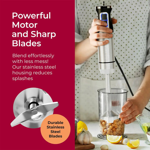 Ultra Power Immersion Hand Blender With 500W Motor And 8 Speed Turbo in use blending chickpeas in a beaker next to lemons and garlic.