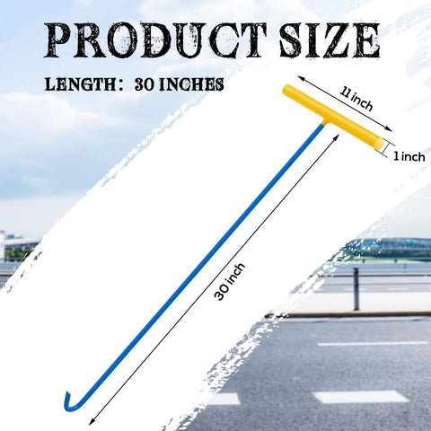 Beefy 30 Inch Heavy Duty Manhole Cover Hook With Three Eighths Inch Steel Handle For Easy Lifting And Pulling Attic Pull Down Septic Tank Locator Tool Durable Steel Construction Blue, showing measurements on a road background.