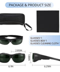 IPL Laser Safety Glasses OD 3 Plus Polycarbonate Lens set with measurements, case, and cleaning cloth for salon use.