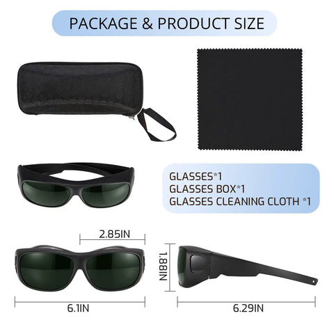 IPL Laser Safety Glasses OD 3 Plus Polycarbonate Lens set with measurements, case, and cleaning cloth for salon use.