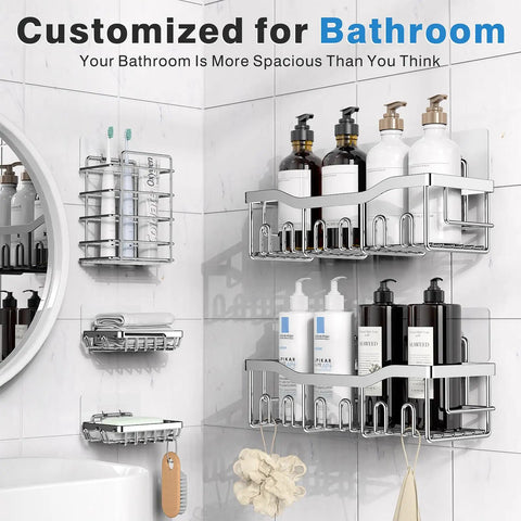 Rustproof Stainless Steel Shower Caddy Set With No Drill Adhesive for inside shower, bathroom organization, wall-mounted view