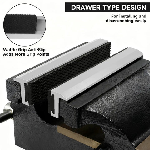 Heavy Duty 6 Pack 4 Inch Magnetic Bench Vise Soft Jaws Pads on a vise showing anti-slip waffle grip design.