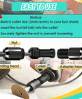 Diagram showing 2 Pack Angle Grinder To Die Grinder Adapters With 5/8 Inch-11 Threads, collets, nut, and grinding head being used.