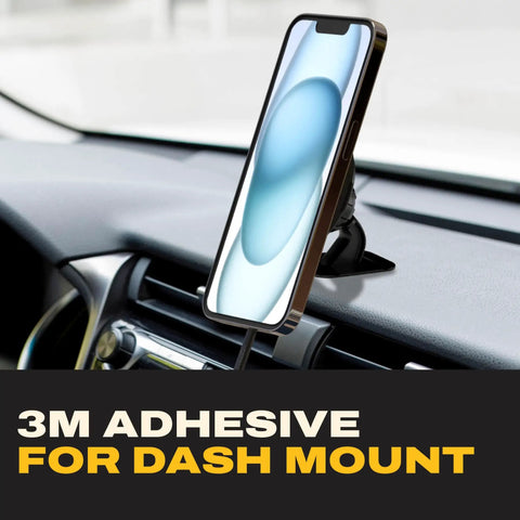 Magnetic Car Phone Mount With Wireless MagSafe Charger Vent Mount And Dash Mount Heavy Duty Car Accessory for iPhone shown on dash