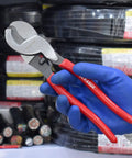 Person holding Heavy Duty 10 Inch Cable Cutter With High Leverage Design For Aluminum Copper Wire And Communications Cable Forged Chrome Vanadium Steel with red handles