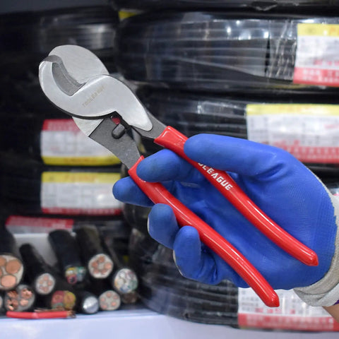 Person holding Heavy Duty 10 Inch Cable Cutter With High Leverage Design For Aluminum Copper Wire And Communications Cable Forged Chrome Vanadium Steel with red handles